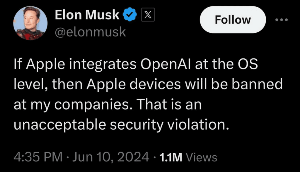 A tweet from Elon Musk threatening at banning iOs devices