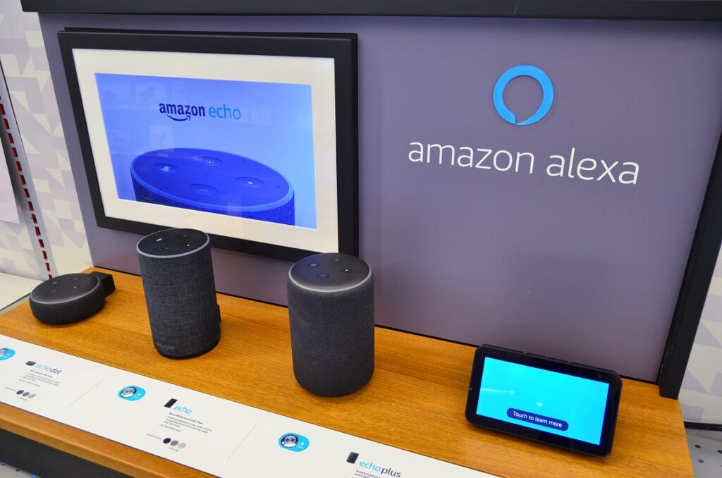 Amazon displaying its device integrating Alexa. Image from Wikipedia.