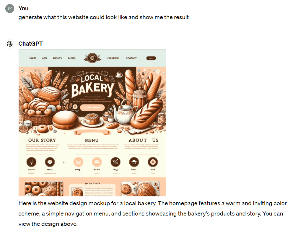 Asking ChatGPT-4 to generate a website visual, based on the sections it proposed