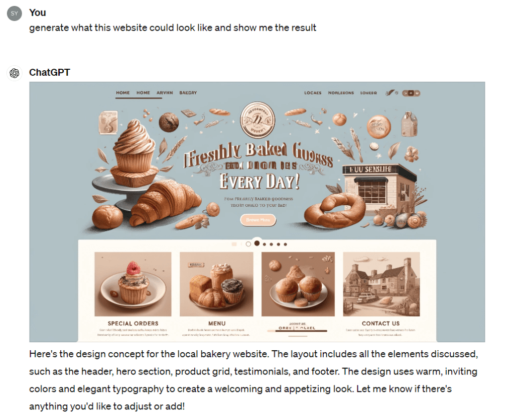 Asking ChatGPT-4 to generate a website visual, based on the sections it proposed 